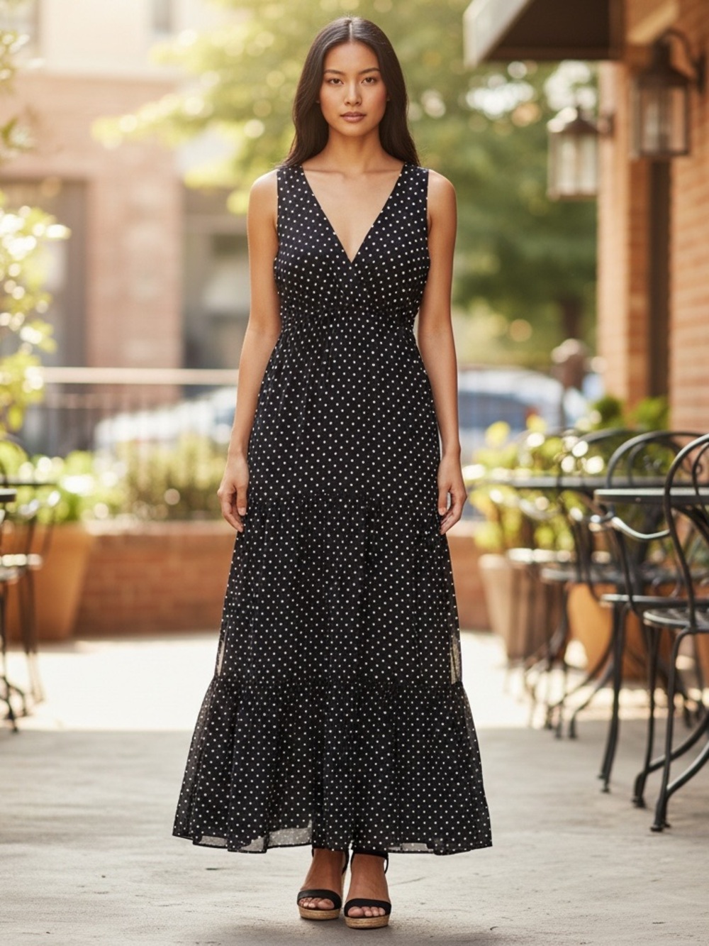 Relativity Black White PolkaDot Tiered Skirt Maxi Dress Retro CottageCore Size L